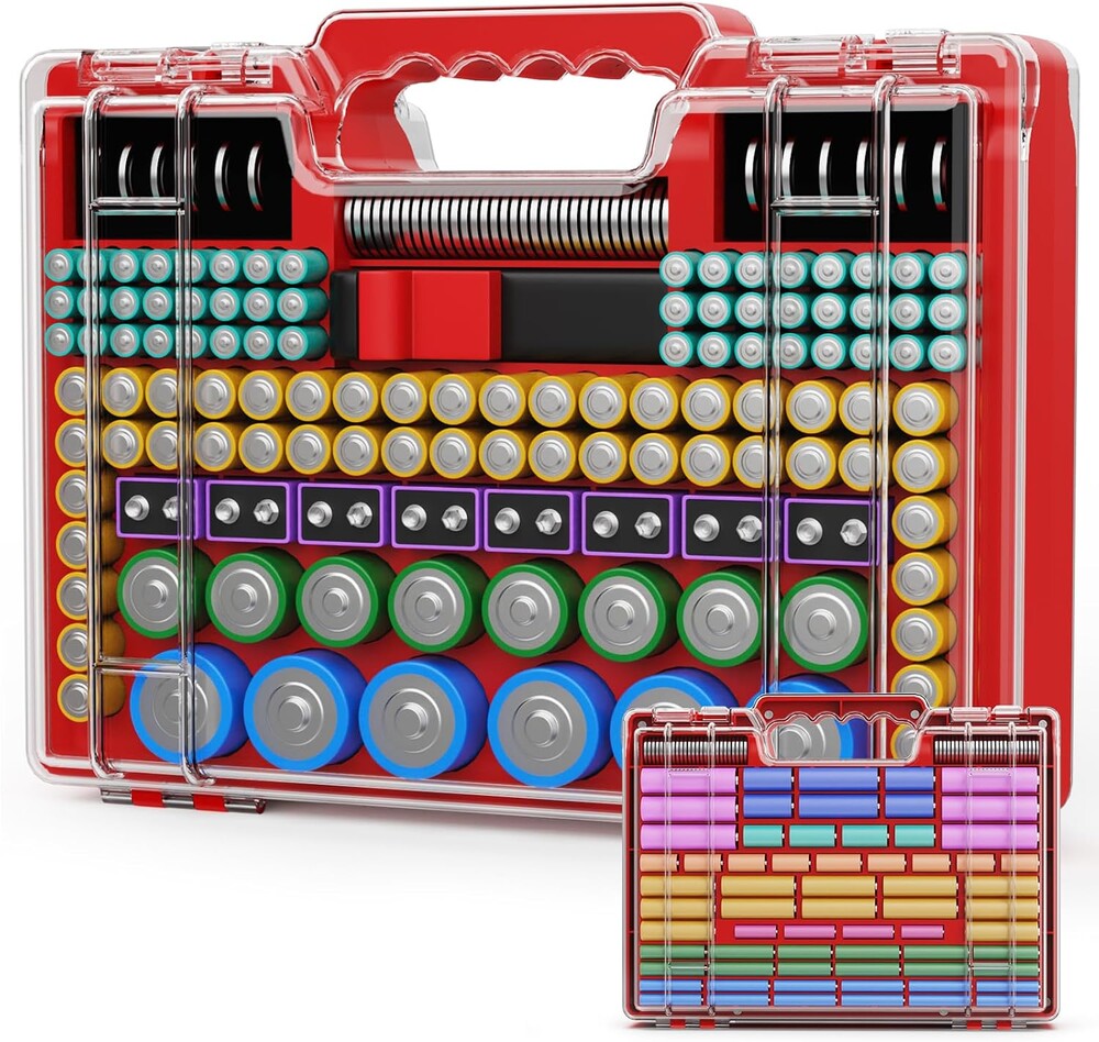 Tututry Battery Organizer Storage Holder Box Case with Tester, Ultra-Large 262+ Batteries Container with Double-Sided, Holds AA AAA 4A 23A C D Cell 9V 3V Lithium 4LR44 CR3 CR123A 18650 (Red)