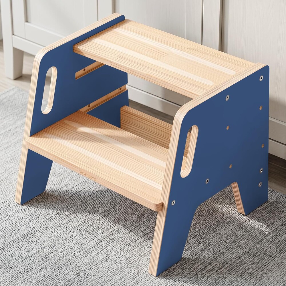 WINGYZ Toddler Step Stool, 3-Height Adjustable Wooden Stool for Kids, FSC & ASTM Birch Marine Plywood, 200lb Capacity, Bathroom Sink Independence, Kitchen Potty Training, Dark Blue