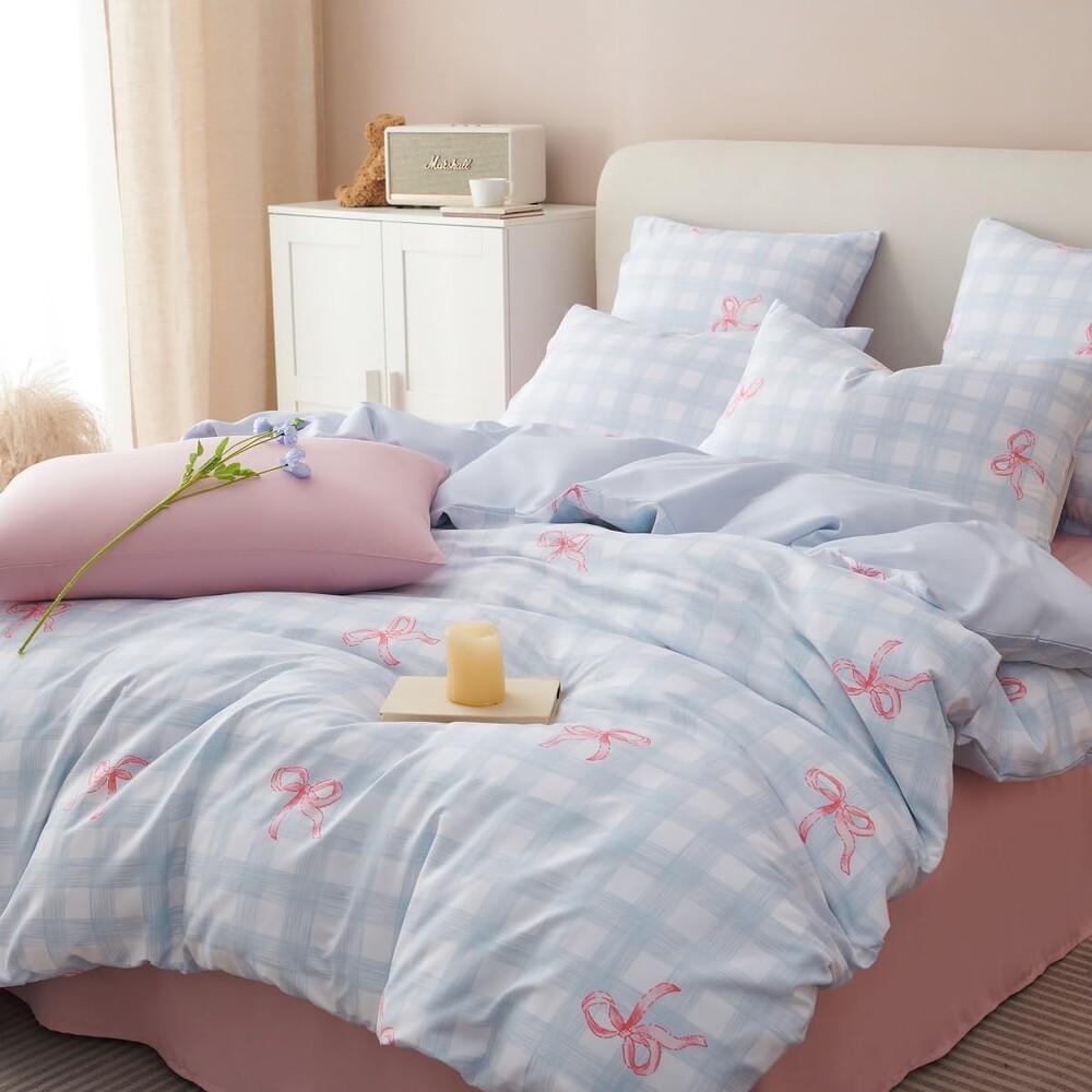 Girls Duvet Cover Set Queen Size Pink Bowknot and Blue Gingham Printed Design,Cozy Bedding Set 3pcs Simple and Elegant Style,Microfiber Comforter Cover with Zipper Closure and 2 Pillowcases