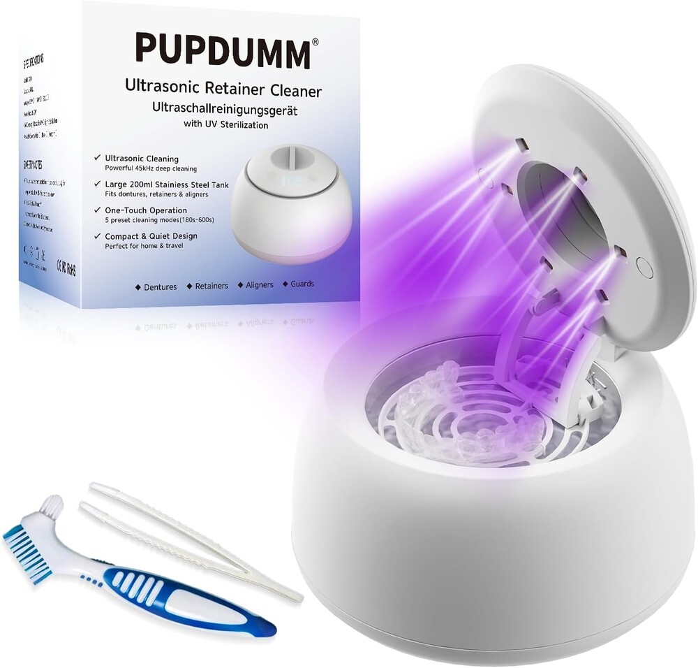 Ultrasonic Retainer Cleaner for Aligners & Dentures, 45kHz Dental Cleaning Machine with Digital Timer, 200ML Stainless Steel Tank, Low Noise Cleaner for Braces, Mouth Guards & Daily Dental Care