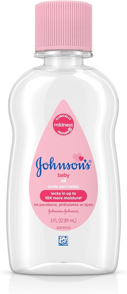 Johnson's Baby Oil, Pure Mineral Oil to Prevent Moisture Loss for Newborn, Kids, & Adults, Gentle, Soothing Baby Massage Oil, Dry Skin Relief, Hypoallergenic, Original Scent, Baby Essentials, 3 fl. oz