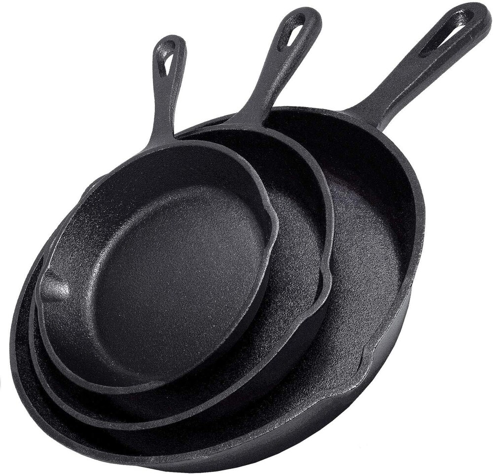 Cast Iron Skillet 3-Piece Set w/Cookbook - Heavy-Duty Professional Restaurant Chef Quality Pre-Seasoned Pan Cookware - 10", 8", 6" Pans - For Frying, Saute, Cooking, Pizza - Black