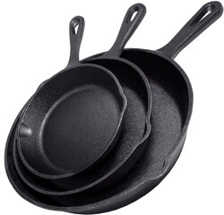 Cast Iron Skillet 3-Piece Set w/Cookbook - Heavy-Duty Professional Restaurant Chef Quality Pre-Seasoned Pan Cookware - 10", 8", 6" Pans - For Frying, Saute, Cooking, Pizza - Black