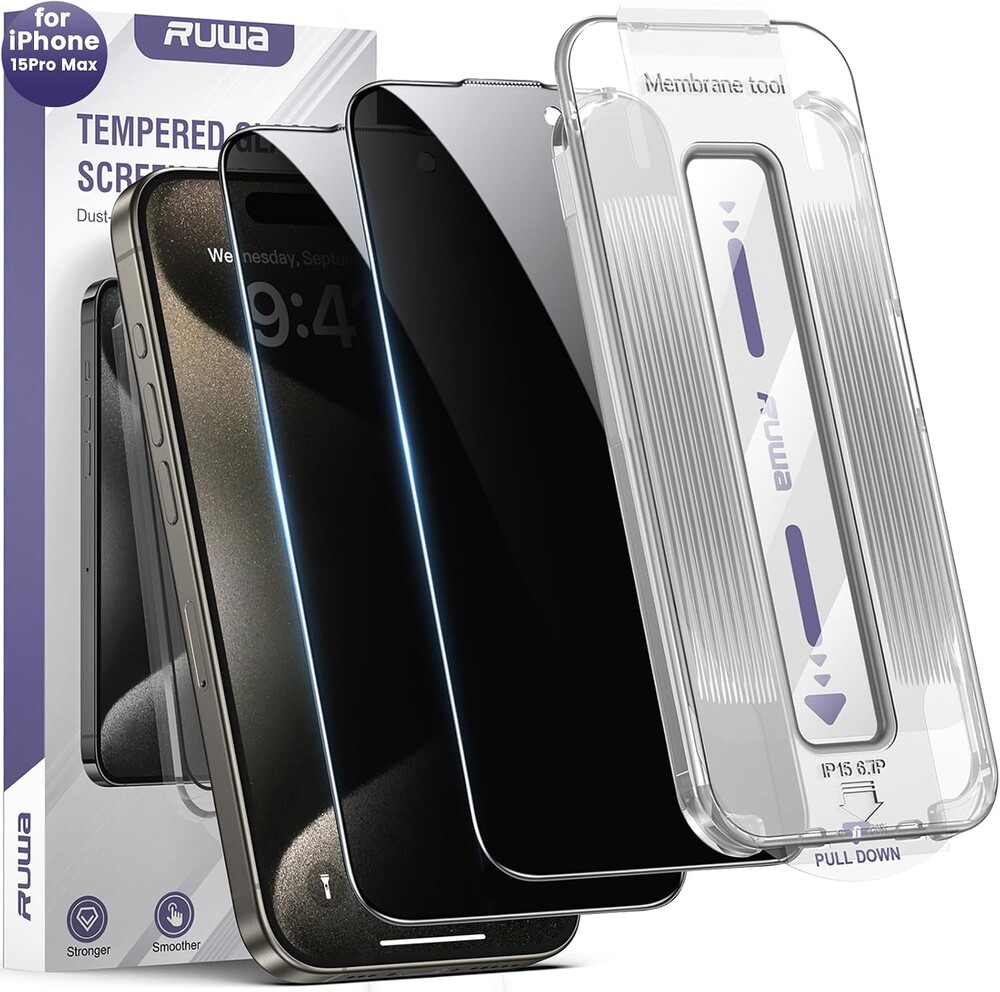 ruwa Screen Protector for iPhone 15 Pro Max 2-Pack Privacy Tempered Glass Film with Auto Dust-Elimination Alignment Kit, 9H Hardness Drop Protection, Scratch Resistant, Full Coverage, Bubble-Free