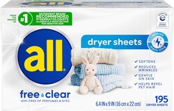 all free clear Fabric Softener Dryer Sheets for Sensitive Skin, 195 Count, Hypoallergenic, Unscented, Dye Free, Controls Static Cling, Reduces Wrinkles, Dermatologist Tested, HE Safe