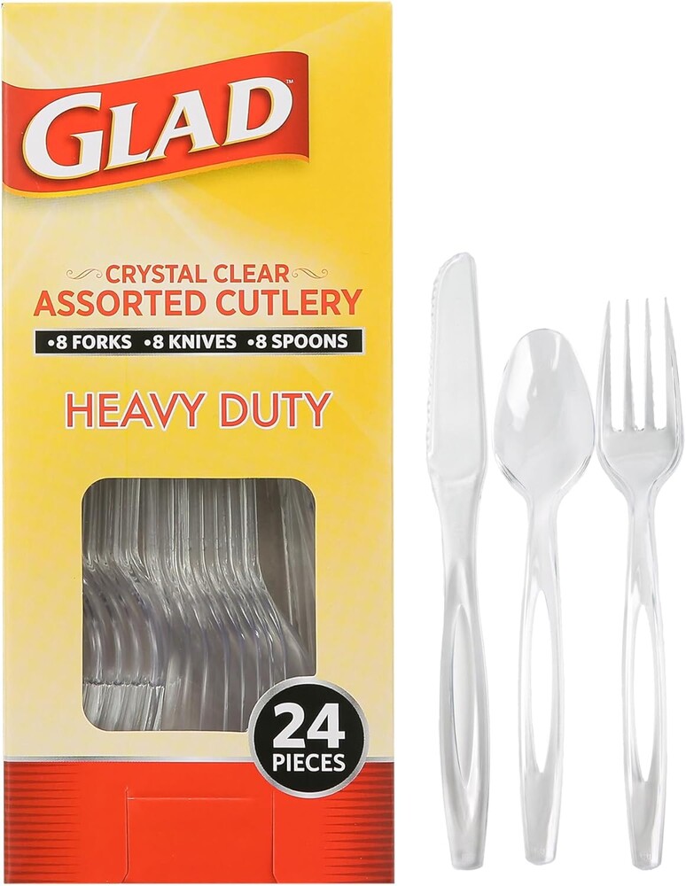 Glad Clear Disposable Cutlery Set with Heavy Duty Plastic Forks, Knives, and Spoons, Reusable Dishwasher Safe Plastic Utensils for Parties and Everyday Use, 24 Count