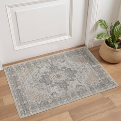 Tortania Area Rug 2x3 Doormat - Washable Vintage Oriental Farmhouse Soft Thin Indoor Carpet for Living Room Bedroom Hallway Entryway Kitchen - Brown Gray