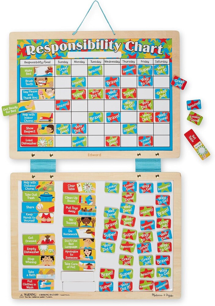 Melissa & Doug Magnetic Responsibility Chart and Kids Calendar - Wooden Chore Chart for Kids with 89 Magnets, Preschool Learning Activities for Ages 3+