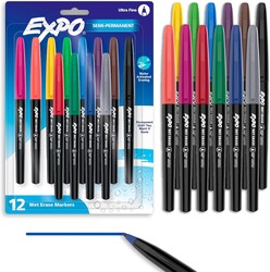 EXPO Wet Erase Markers, Semi-Permanent, Assorted Colors, Ultra Fine Tip, 12 Count - For Writing on Glass, Whiteboards, Mirrors, Calendar, Labeling, Organizing