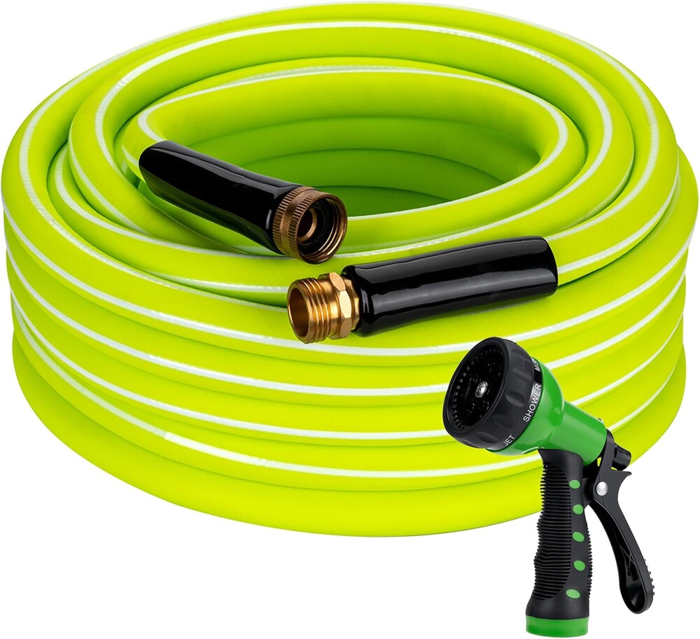 DAVCO Garden Hose 100FT x 5/8" ID with 7 Function Nozzle - Flexible Hybrid Rubber, Kink-Free & Burst Resistant, Drinking Water Safe with 3/4" GHT Solid Brass Fittings for Gardening, Car Wash and RV