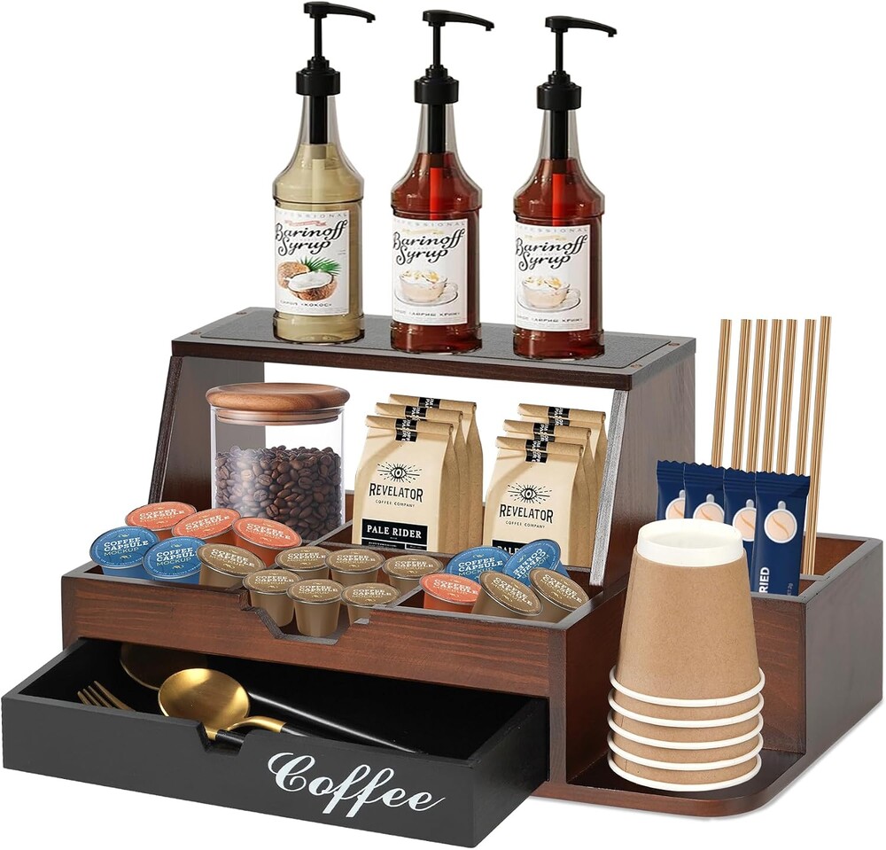 Farmhouse Coffee Bar Organizer, Wood Countertop With Drawer, Coffee Station Organizer for Countertop, Tea and K Cup Storage Rack