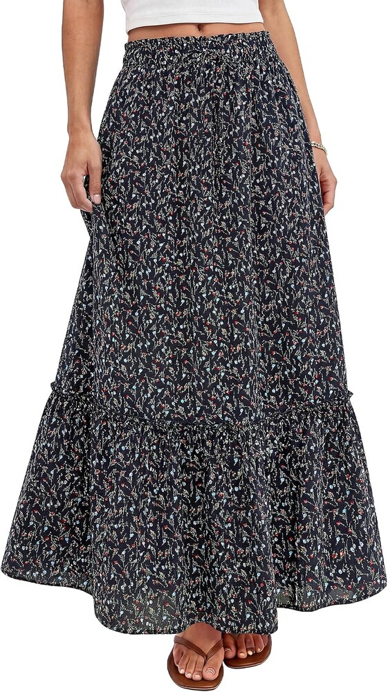 BTFBM Womens Boho Maxi Skirt 2026 Summer Floral High Waisted Flowy Tiered Long Spring Beach Vacation Skirts Pockets
