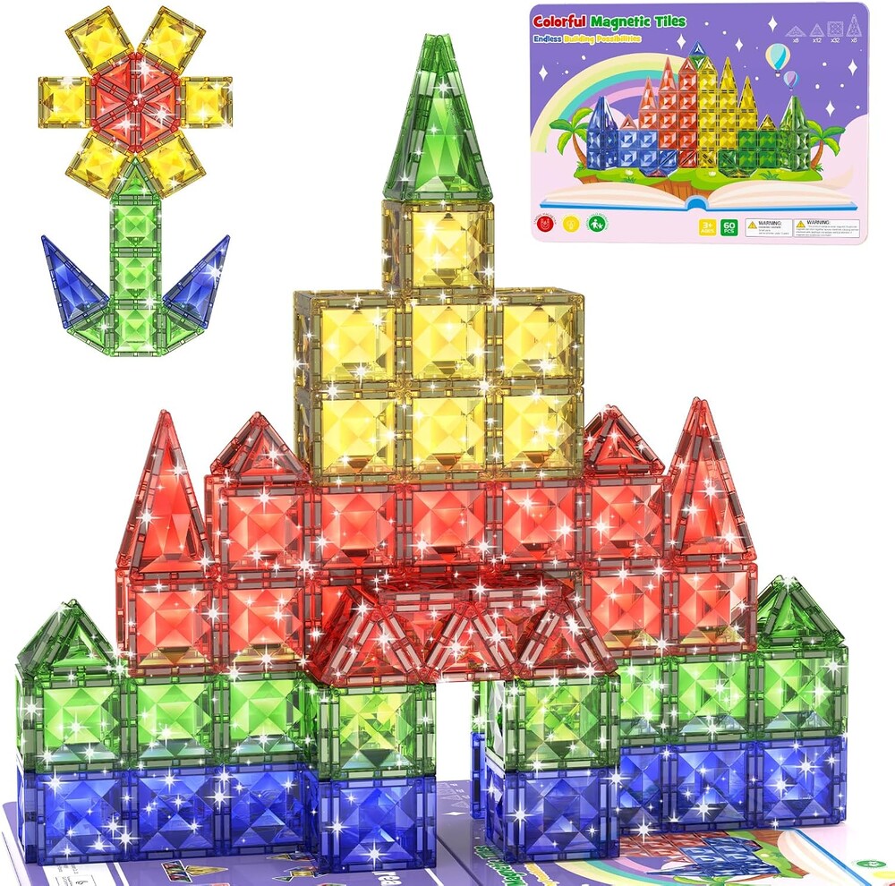 WMXDU 60pcs Large Diamond Magnetic Tile, Magnetic Building Blocks Magnet Toy with Iron Box, STEM Educational Montessori Indoor Building Kit for Preschool Boys Girls Age 3+ Classroom Must Haves