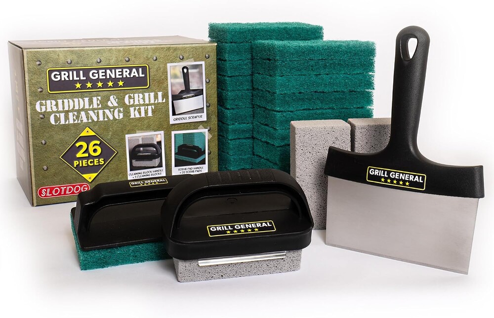 Grill General 26 Piece Griddle & Grill Cleaning Kit for Blackstone, Weber, Traeger Griddles, Grills, BBQ - Stainless Steel Scraper, 20 Scour Pads, 3 Cleaning Blocks, Pad and Block Handles by SLOTDOG