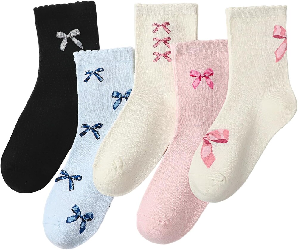 Jspupifip 5 Pairs Women Ruffle Bow Socks Cute Casual Ankle Crew Socks Soft Breathable Fashion Frilly Bow Cotton Sock