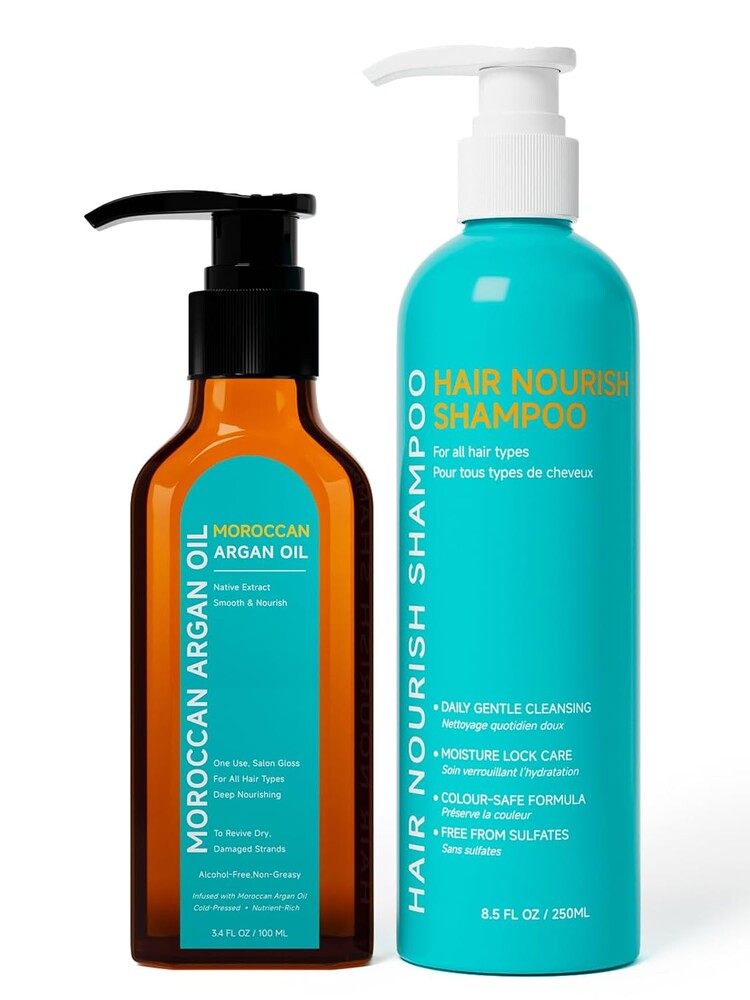 Moroccan Argan Oil Set, Moroccan Argan Oil Hydrating Shampoo Included, Deep Moisturizing Damage Repair, Frizz Control for Dry Damaged Curly Color Treated Hair
