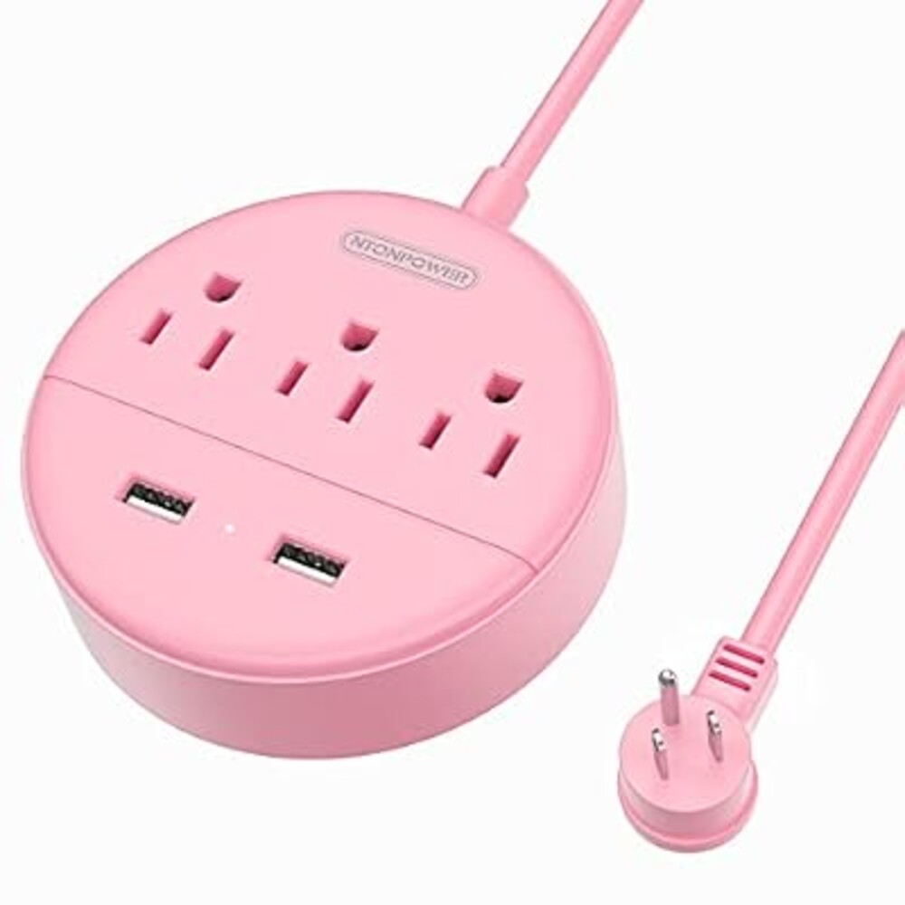 Rose Pink Power Strip with USB, NTONPOWER Flat Plug Extension Cord Nightst&Desktop Charging Station with 3 Outlet &2 USB, Wall Mount, Small Size for Dorm Room Home Office Travel, ,'5 FT Cord