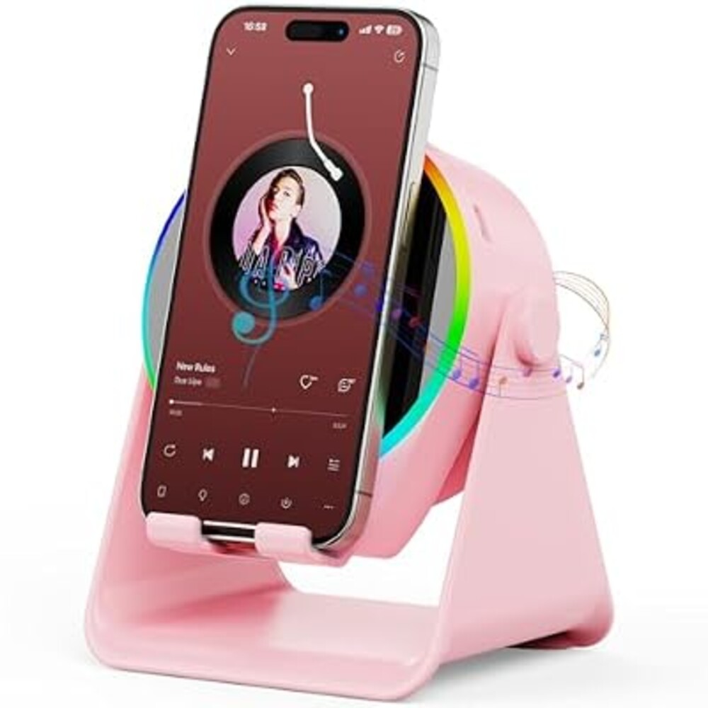 Wireless Induction Speaker- 5 in1 Bluetooth Speaker Phone Stand with Colorful Ambient Light 360° Rotation Compatible with iPhone Android iPad Samsung Galaxy- Unique Birthday Gift for Men Women Adults