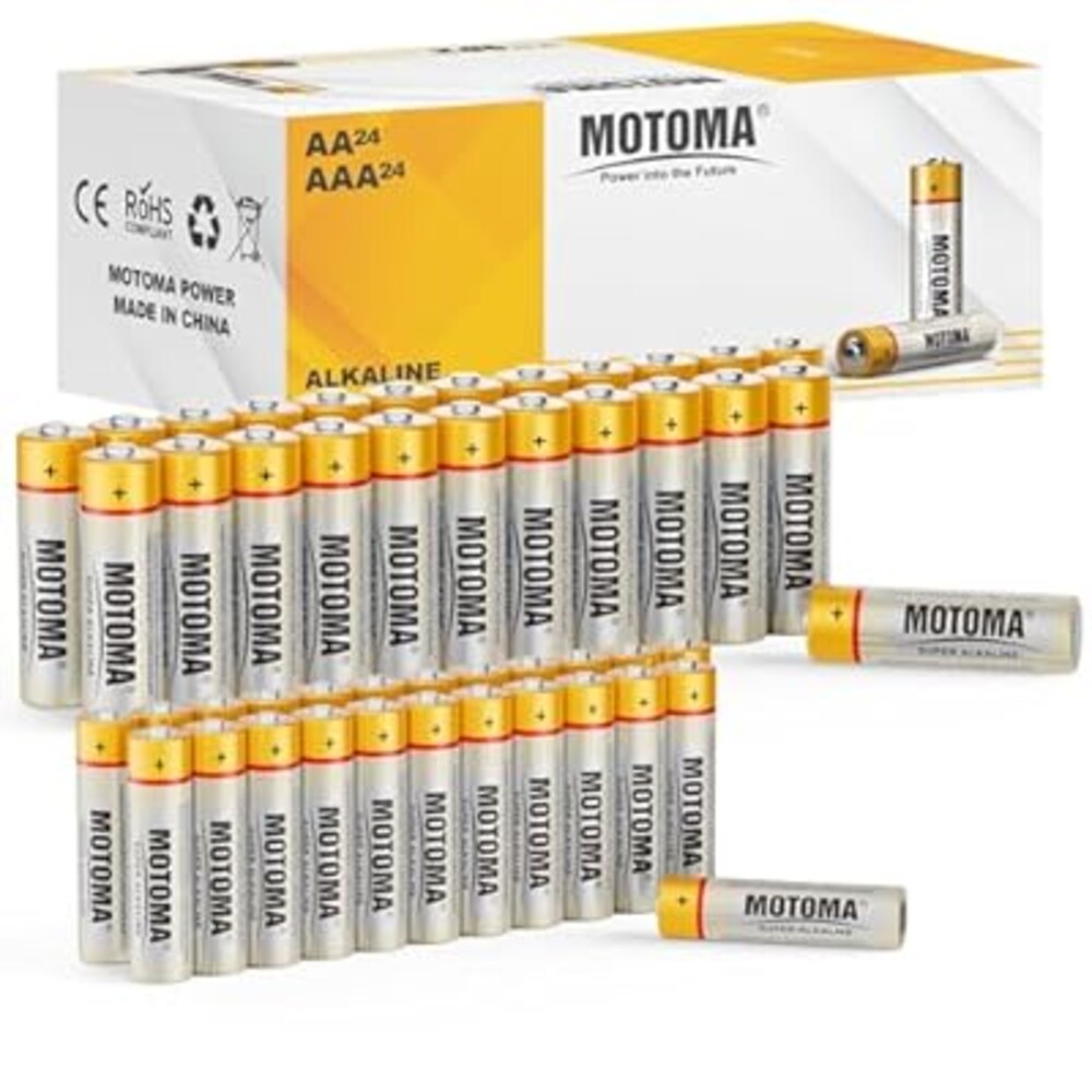 MOTOMA AAA and AA Alkaline Batteries, 24 Double A and 24 Triple A Batteries, Long Lasting Power Batteries for Household Electronic Devices, Toys, Clocks (Non-Rechargeable)