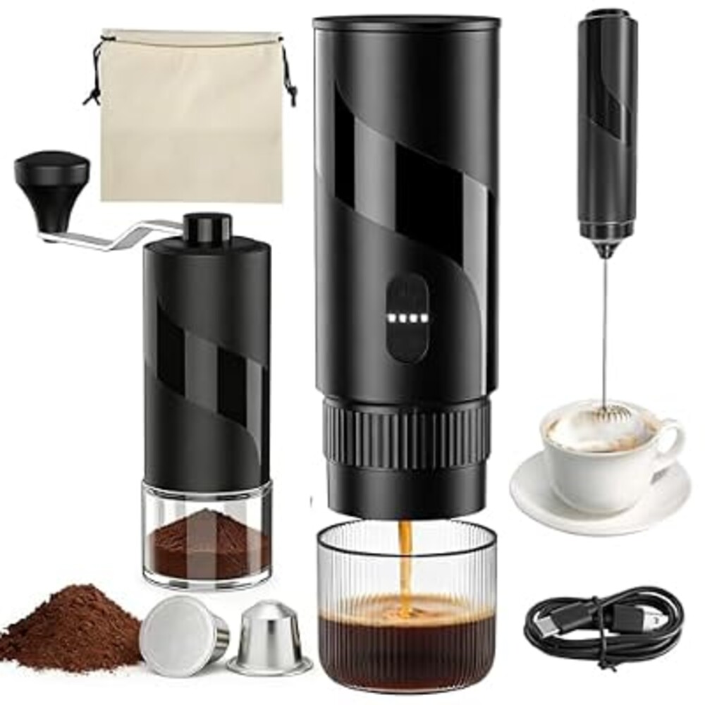 Portable Coffee Maker Set - Travel Coffee Maker, Electric Espresso Machine for Camping, Travel, Car, RV, Hiking, with Ground Coffee & Capsule Accessories, Milk Frother, Grinder, Gift for Coffee Lover