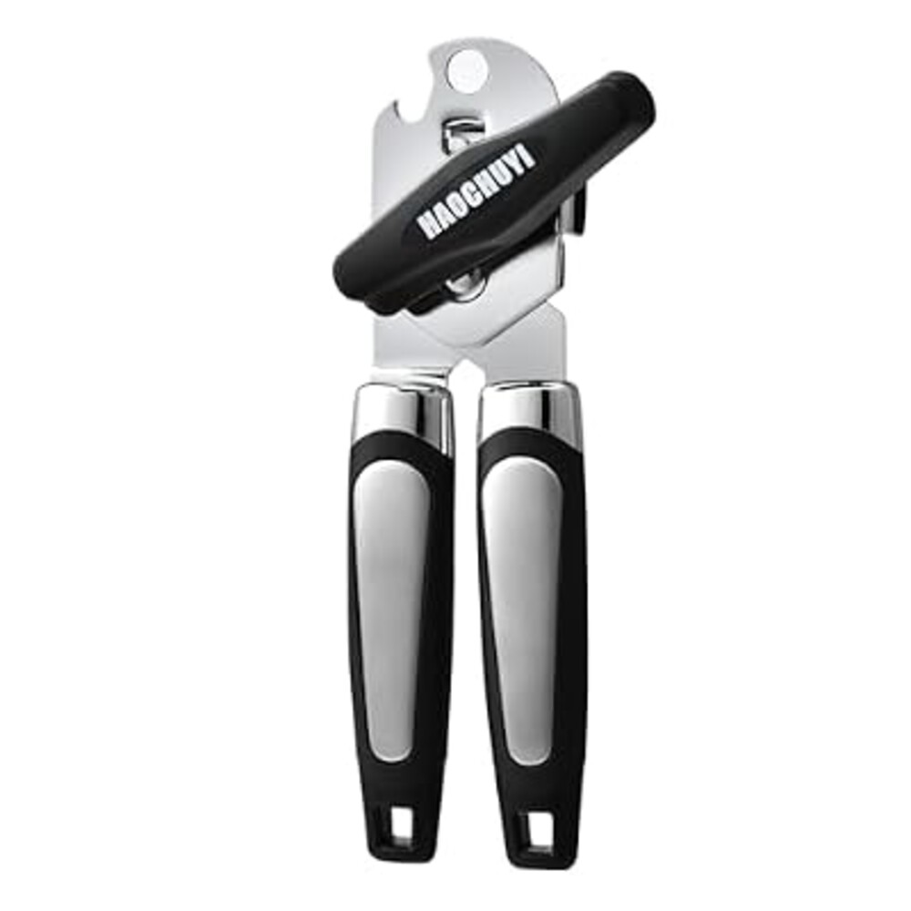 HAOCHUYI Heavy Duty Stainless Steel Smooth Edge Manual Can Opener and Bottle Openers, Soft Ergonomic Handle, Oversized Handheld Easy Turn Knob, Multifunctional Kitchen Tool, Black