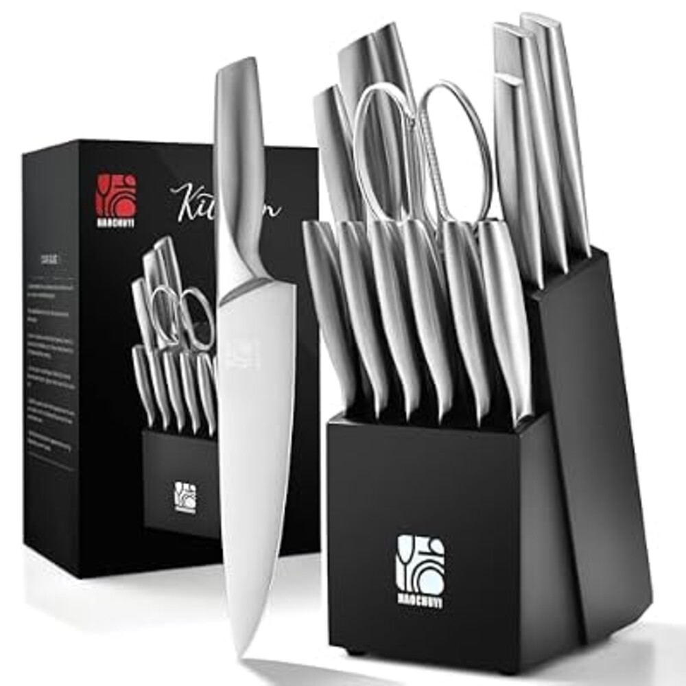HAOCHUYI Premium Quality 14-Piece Knife Set with Block, Professional Chef Knife Set - Ultra-Sharp Kitchen Knives with Ergonomic Wood Handle, Ideal for Home, Outdoor, Camping, BBQ, and Gifts for Men