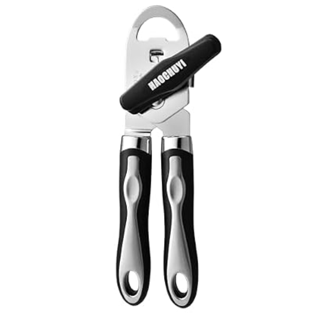 HAOCHUYI Classic Multifunction Can Opener and Bottle Opener Easy to Use, Razor Sharp Stainless Steel Cutting Wheel, Soft Ergonomic Handles, Black