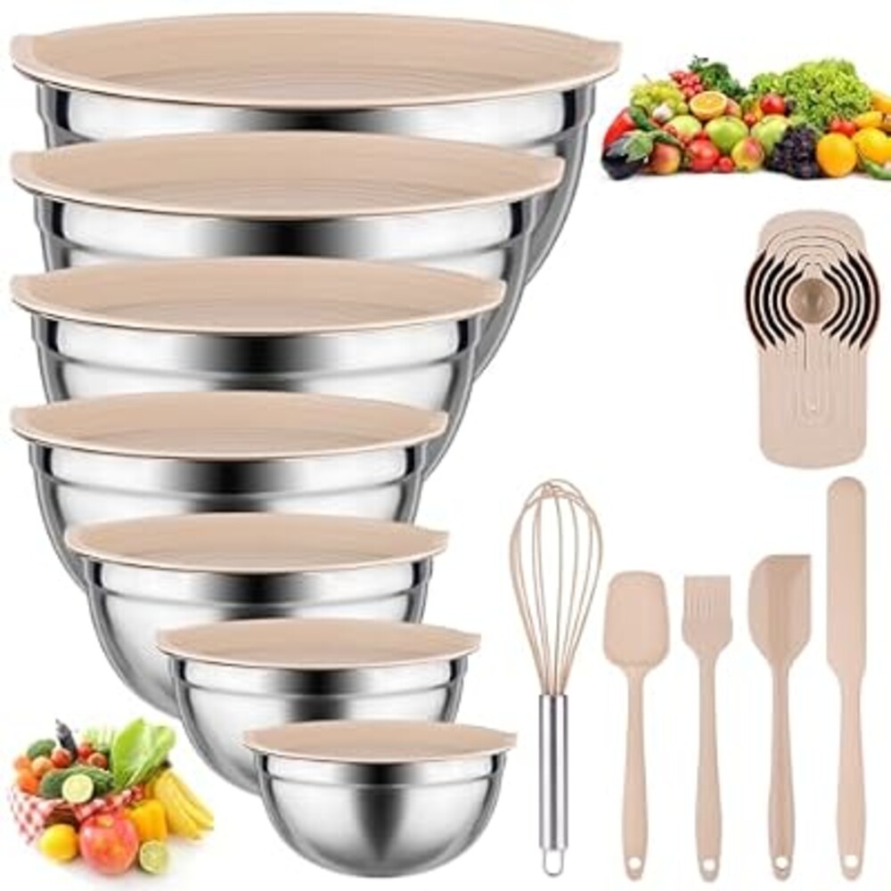 Leidawn Mixing Bowls with Lids set - 25 PCS Stainless Steel Nesting Khaki Mixing Bowls Set for Baking,Mixing,Serving & Prepping,Size 5, 3.7, 2.8, 2.3, 1.7, 1.1, 0.7QT, 11 Cooking