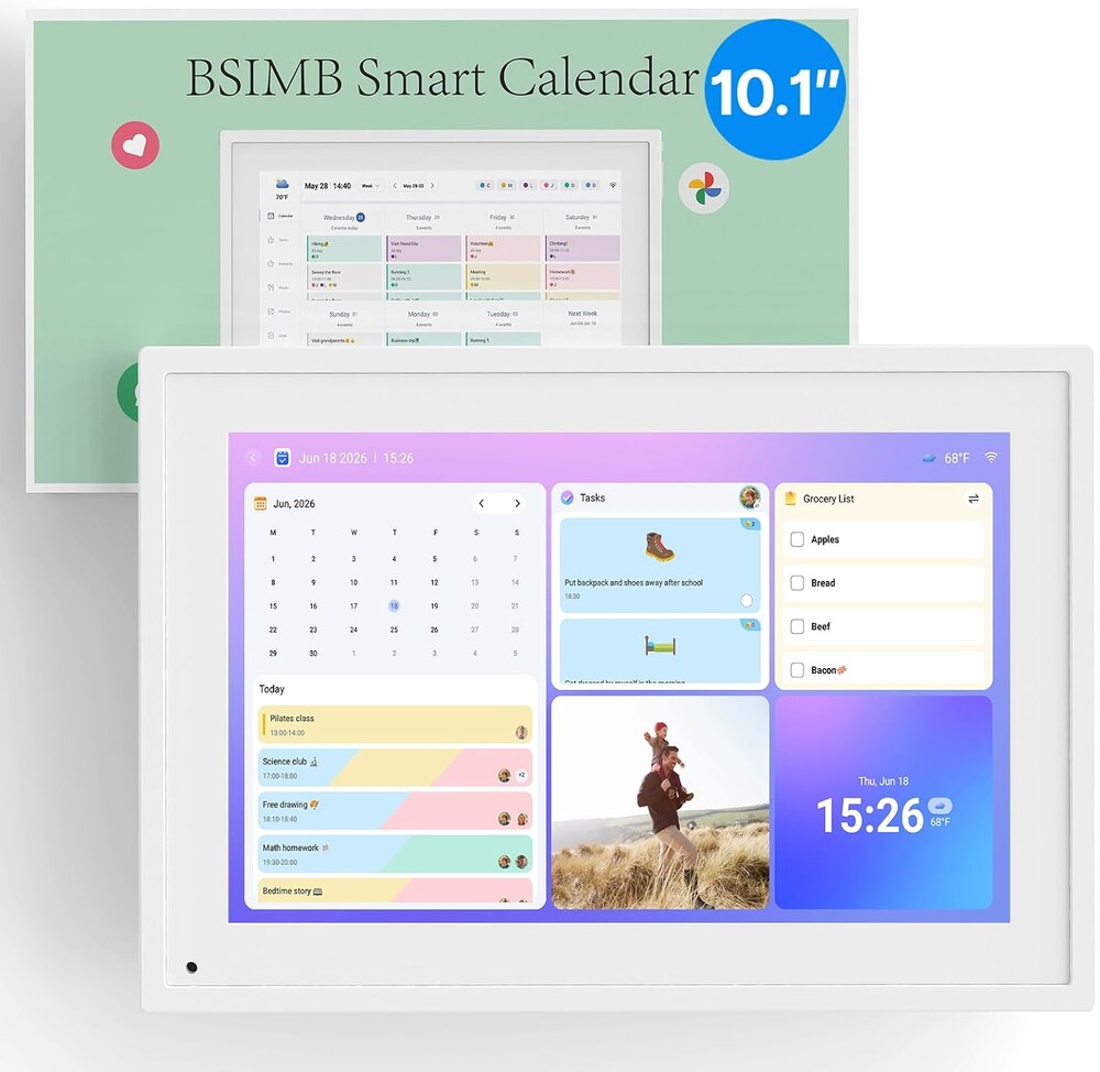 BSIMB 10.1 Inch Digital Calendar - Chore Chart, Meal Planner, Rewards System, Photo Display, Smart Electronic Calendar Touchscreen Interactive Display for Family Schedules Seamless Scheduling White
