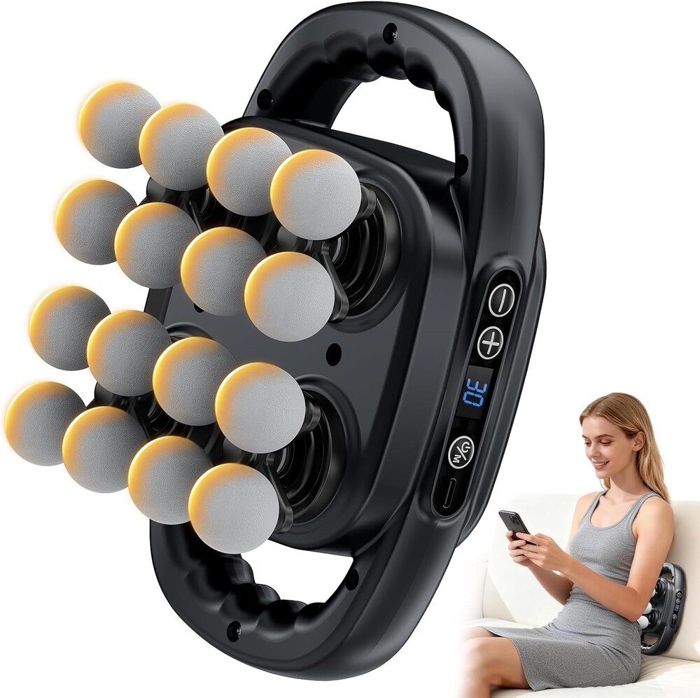 Beown 16 Head Massage Gun Deep Tissue, Back Muscle Massager with 3 Modes & 30 Intensity Levels for Legs, Waist, Back, Neck, Portable Percussion Massage Gun for Pain Relief,