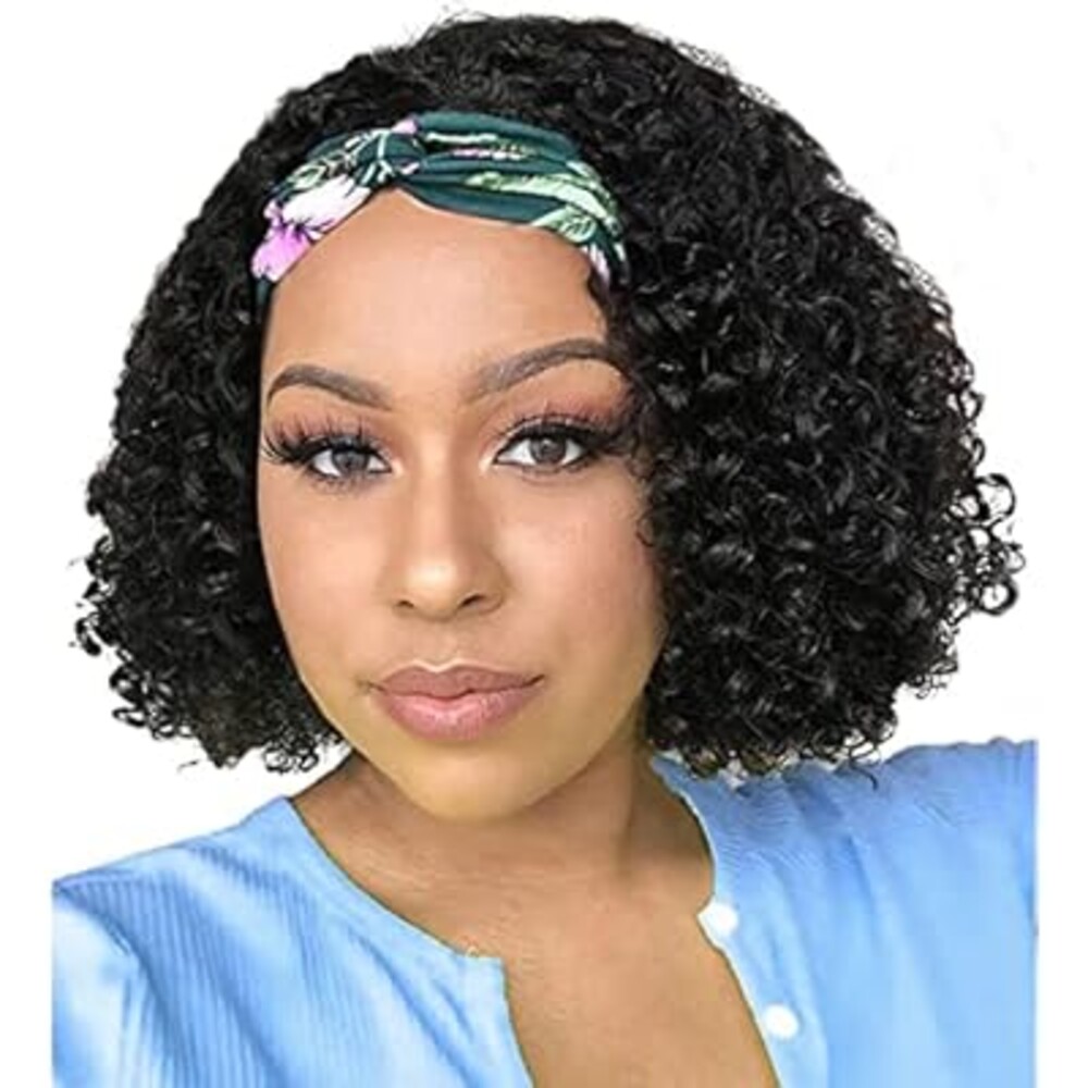 JCL Curly Headband Wig Human Hair Headband Wig 180% Density 12A Glueless Wigs Human Hair 10 Inch Curly Wave headband Wig Natural Color Human Hair Wigs for Black Women