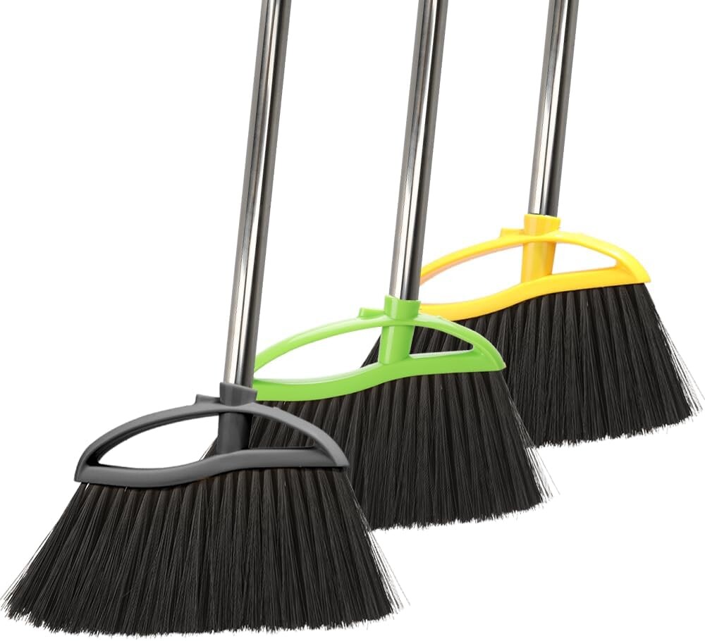 3 Pack Soft Bristle Angle Broom for Floors - Wide Indoor Heavy Duty Broom with 38"-53.5" Adjustable Handle, Kitchen & Restaurant Use for Hardwood, Porch (Gray, Yellow, Green)