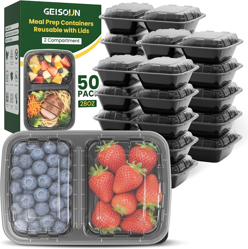 50 Pack 28oz Meal Prep Containers with Lids 2-Compartment, To Go Take Out Plastic Food Storage Containers with Lids Reusable, Leakproof Food Safe, Microwave Freezer Dishwasher Safe, Black