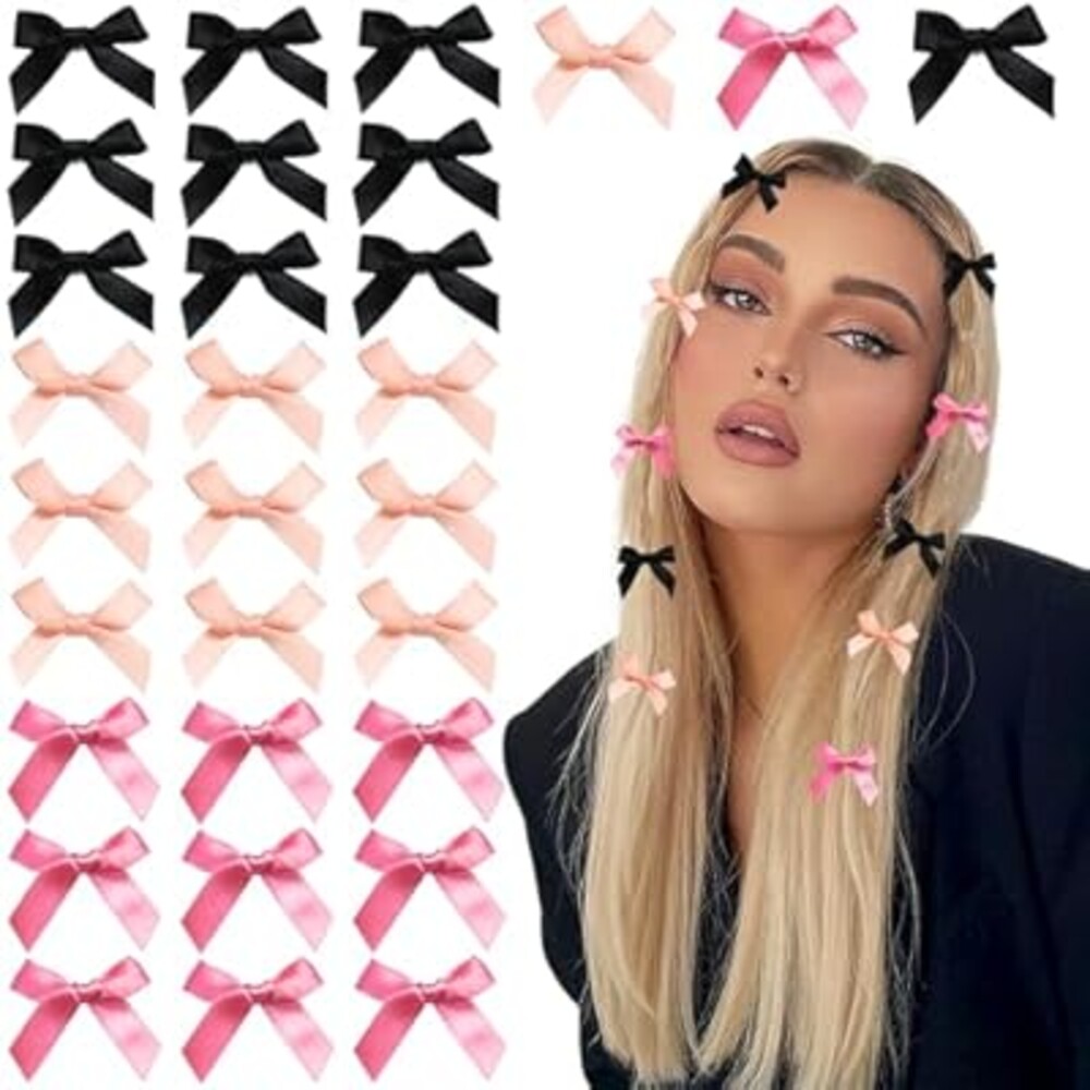 YAEISM 30PCS Bow Hair Clips 3 Colors Mini Hair Bows Kawaii Hair Ribbon Clips Black Pink Satin Bow Hair Accessories for Women Girls