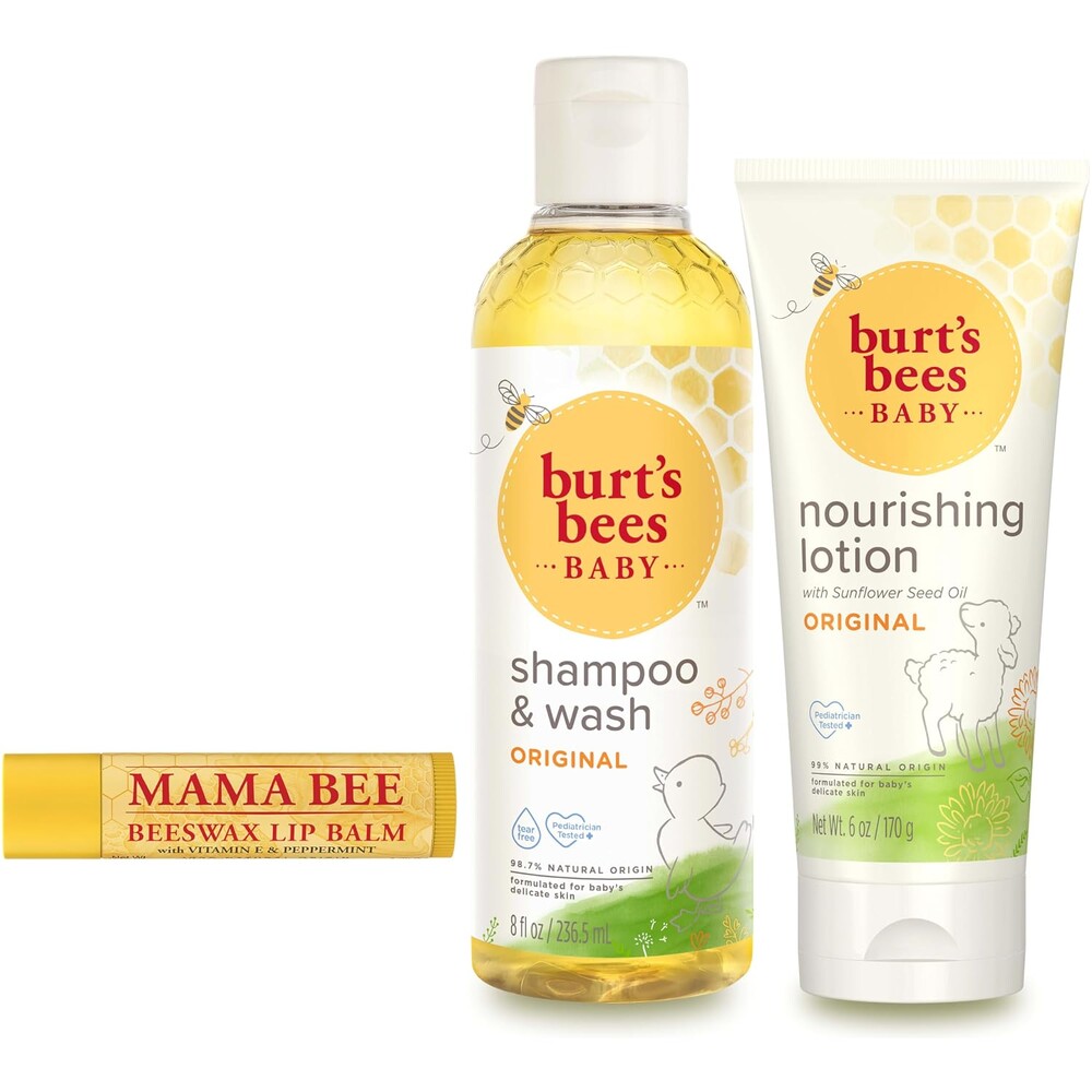 Burt’s Bees Baby & Mom Gift Set – Joyful Moments with 3 Gentle Skin and Hair Care Products: Baby Shampoo and Wash, Baby Lotion, and Mom’s Bees Beeswax Lip Balm