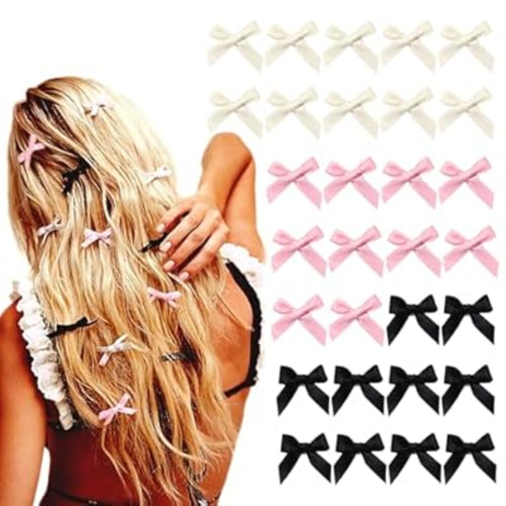 YAEISM 30PCS Bow Hair Clips 3 Colors Satin Mini Bowknot Hair Bows Kawaii Bow Claw Clip Barrettes Ribbon Hairpins for Women Girls