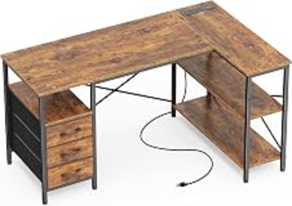 Huuger L Shaped Office Desk with Power Outlets & 3 Drawers | 47 Inch Computer Desk with Shelves, for Gaming, Corner Work, Home Office, Study, Rustic Brown