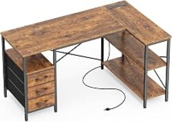 Huuger L Shaped Office Desk with Power Outlets & 3 Drawers | 47 Inch Computer Desk with Shelves, for Gaming, Corner Work, Home Office, Study, Rustic Brown