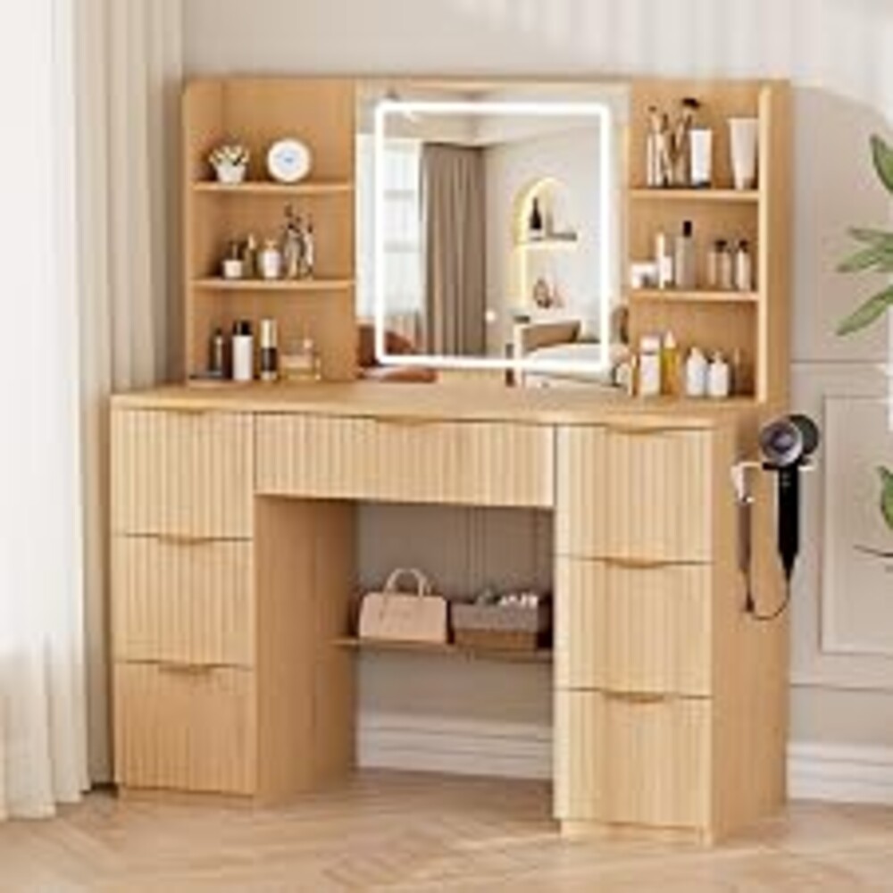 LIVELYGLOW 43" Large Natural Wood Makeup Vanity Desk with Charging Station | Fluted Design, Smart LED Mirror, Hairdryer Holder, 7 Drawers