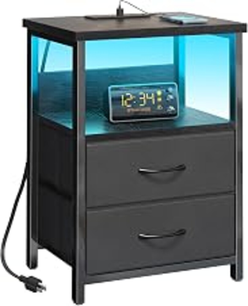 Fixwal Night Stand with Charging Station, LED Nightstand Small Dorm Room Furniture, 2 Fabric Storage Drawers, Bedside Table End Tables Bedroom Decor, Modern Black