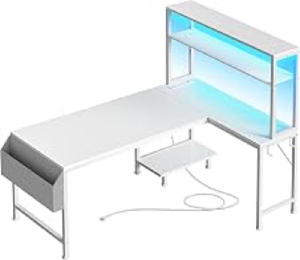 PRAISUN L Shaped Gaming Desk with LED Lights & Power Outlets, Reversible Computer Desk with Storage Shelves & Bag, Large Corner Home Office Desk with Pegboard for Work from Home, White
