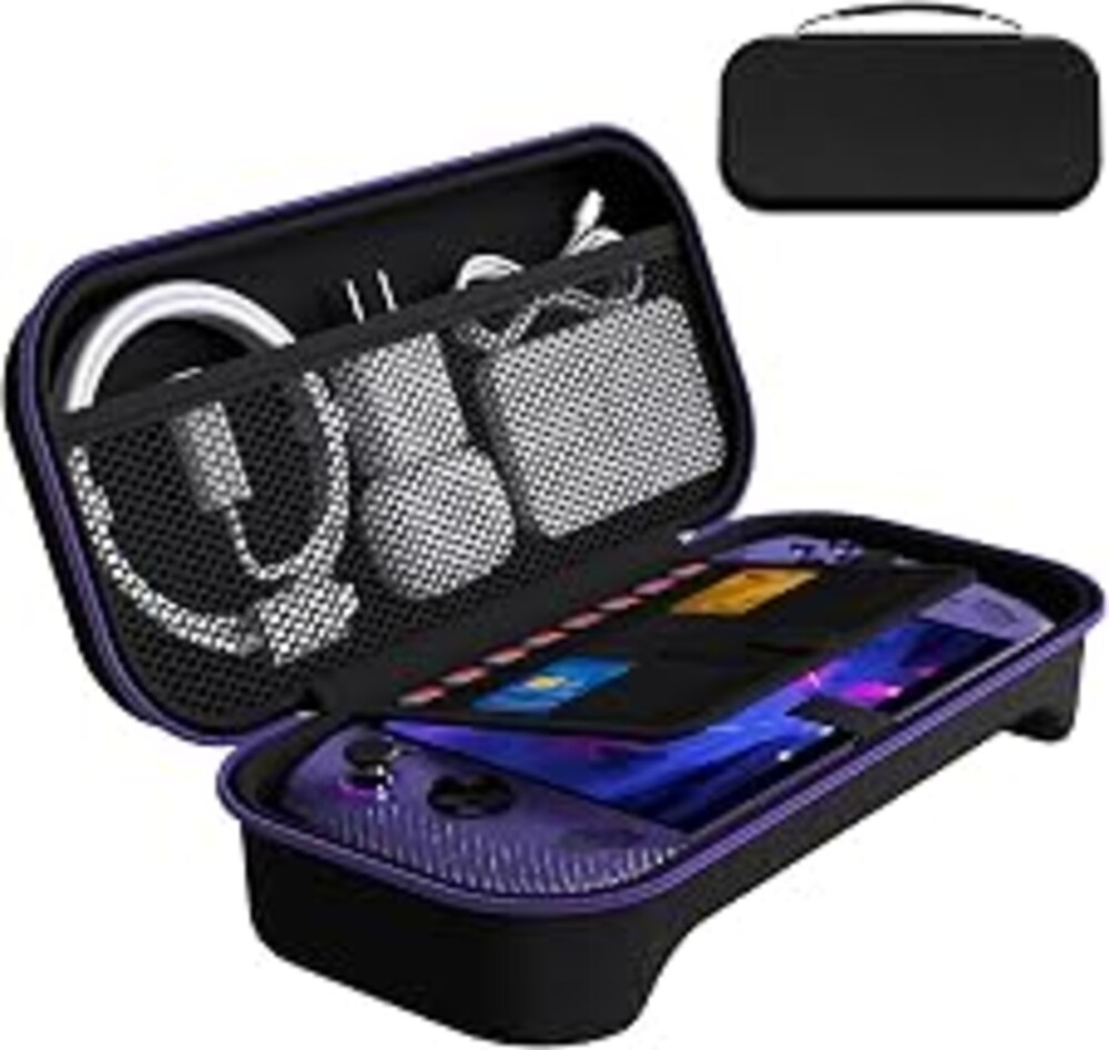 ivoler Carrying Case for lenovo legion go S 2025, Portable Hard Shell Pouch Travel Bag Built-in Gaming Charger Dock Storage, Holds 8 MicroSD and 2 Credit Sized Cards -Black+Purple