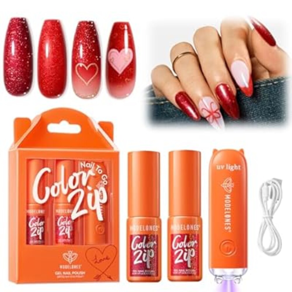 Modelones Red Glitter Gel Nail Polish Kit with UV Light, One Step Gel Polish Set No Need Base Top Coat, 3 in 1 Set Cherry Mocha Glitter Soak Off Led Nail Lamp Manicure DIY New Year Gift
