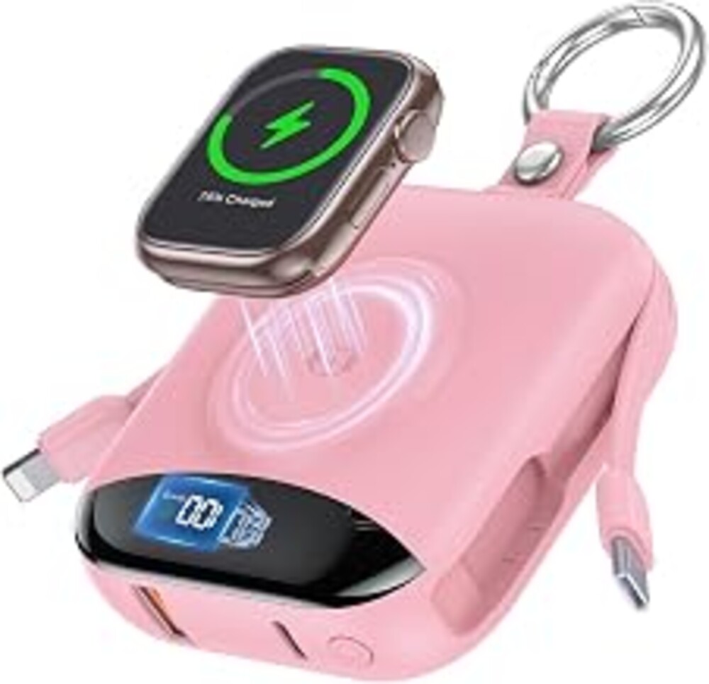 citicr Portable Charger 10000mAh w/Built-in Cables & iWatch Charger Pink | Fast charging, Built-in cables, LED display, Charge 5 devices at once, Ring buckle, TSA approved, Pocket size, Charge iWatch