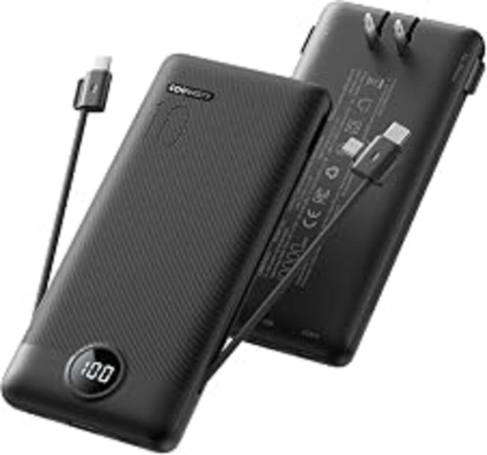 Coowisty Portable Charger with Wall Plug, Slim USB C Power Bank with Built-in Cables, 10000mah LED Display External Battery Pack Compatible with iPhone/Android & More (Black)