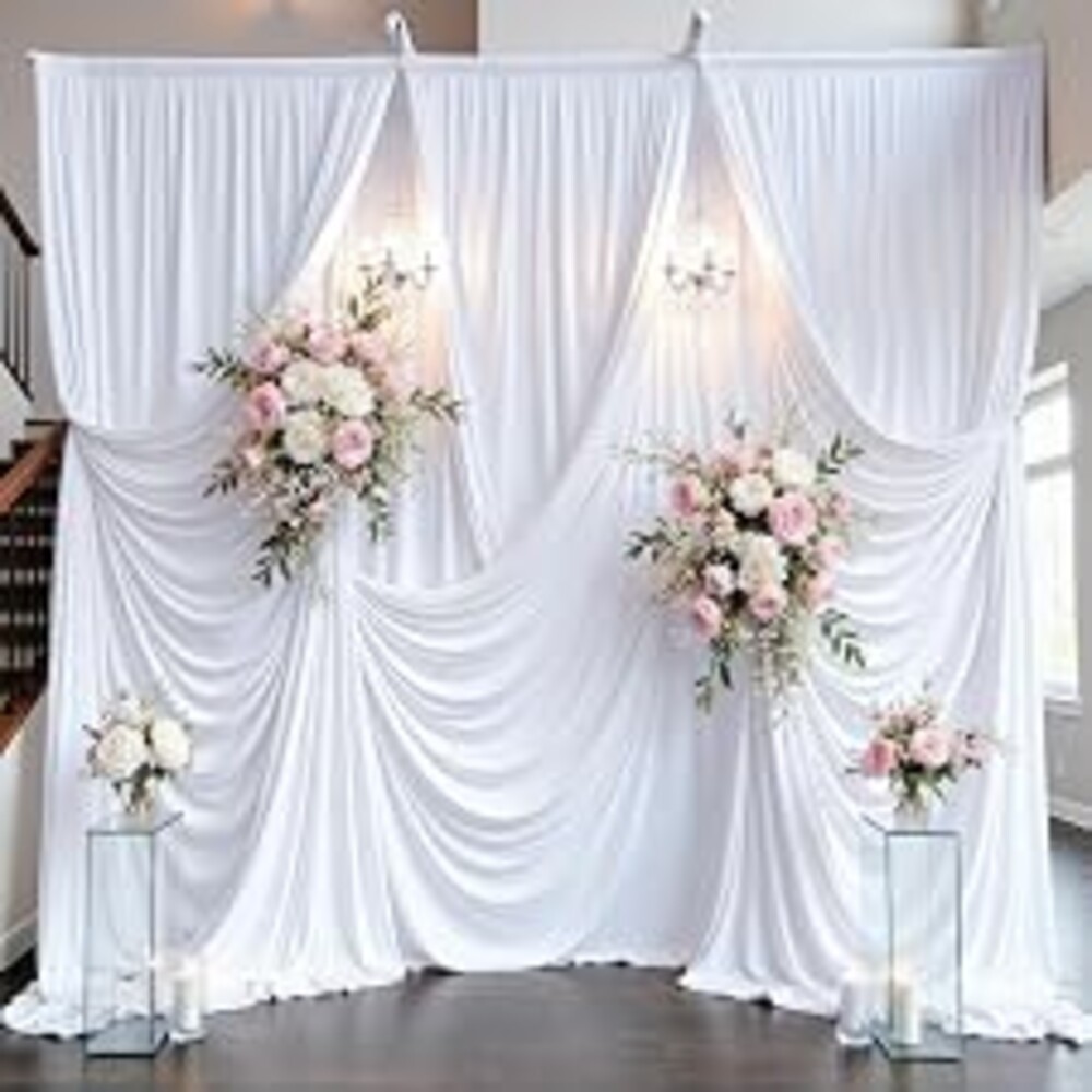 50ft×15ft White Backdrop Curtain for Independence Day Wedding Parties, 10 Panels Wrinkle Free 15 FT Long Polyester Photo Backdrop Drapes Back Drop Cloth for Birthday Photography Background