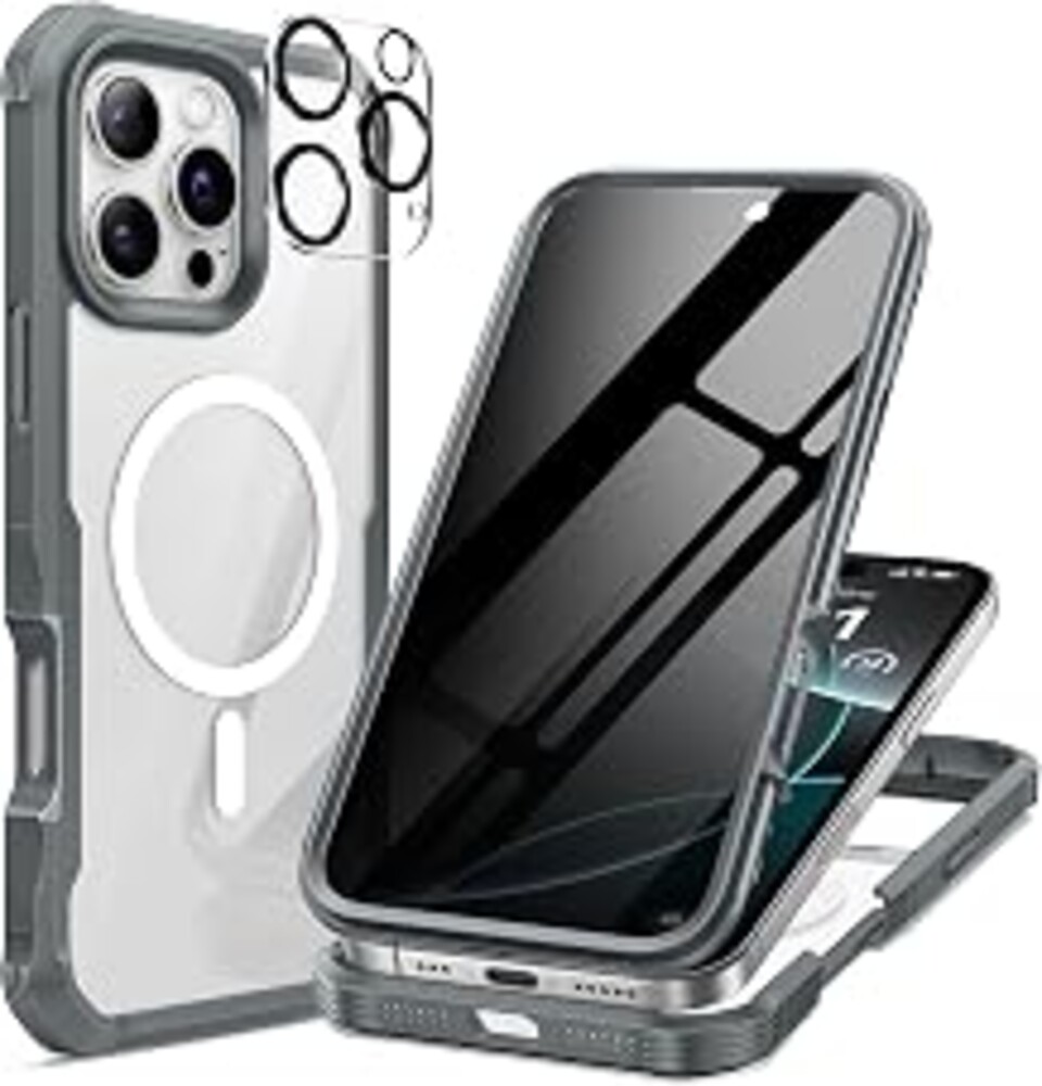 seacosmo for iPhone 16 Pro Max Case, Full Body Bumper with Built-in 9H Tempered Glass Privacy Screen Protector and Camera Lens Protector, Compatible with MagSafe, Shockproof Phone Cover, 6.9", Gray