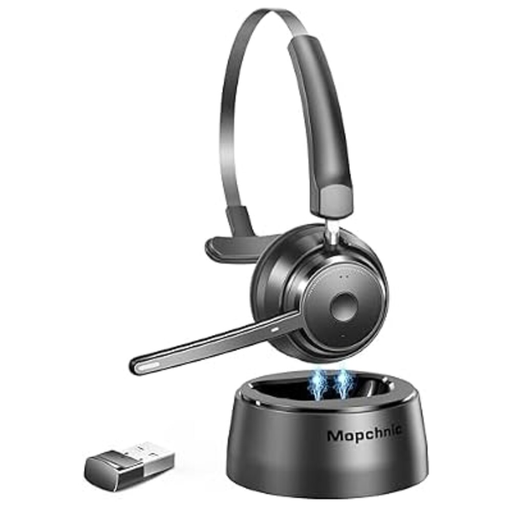 Mopchnic Bluetooth Headset, Wireless Headphone with Microphone for Computer, On Ear Bluetooth with USB Dongle for Office Call Center Skype Zoom Meeting Online Class (Dark Gray)