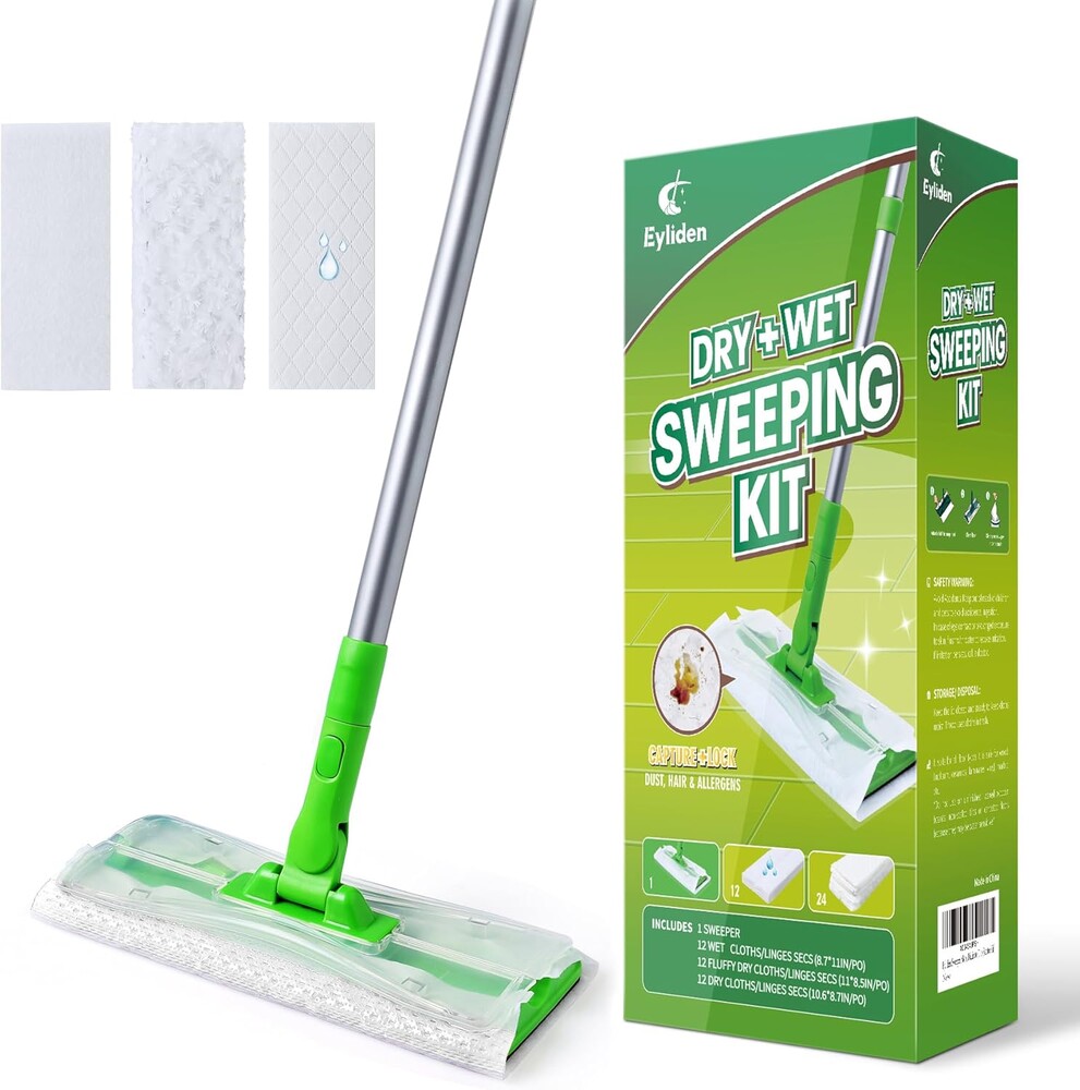 Eyliden Sweeper Mop with 36 Refills - 3 Types of Disposable Dry & Wet Cloths | Lock-Tight Design No Lost Pads, Universal Refills, Multi-Surface Sweeping Starter Kit for Pet Hair, Dust, Floor Cleaning