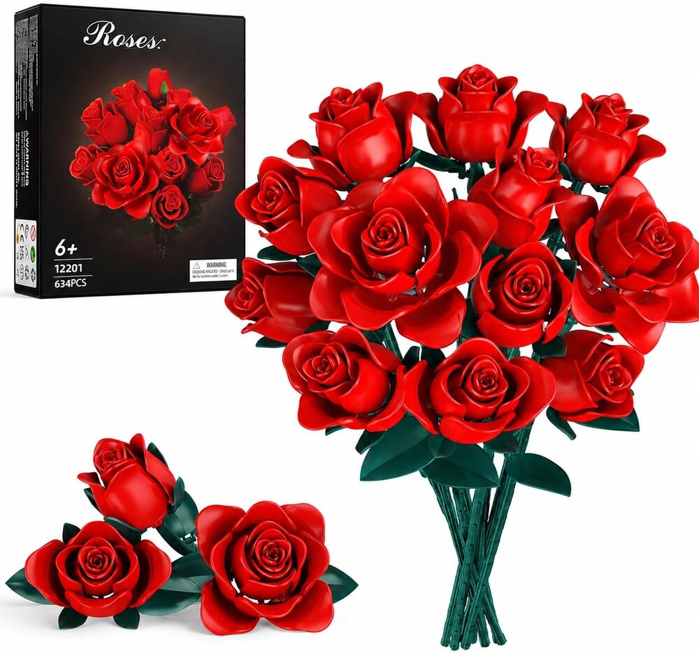 Rose Flower Bouquet Building Set for Kids Ages 6+, 634Pcs DIY Red Roses Bouquet Building Kit Home Office Decor, Gift for Girls Adults, Valentine's Day, Mother's Day, Birthday, Christmas